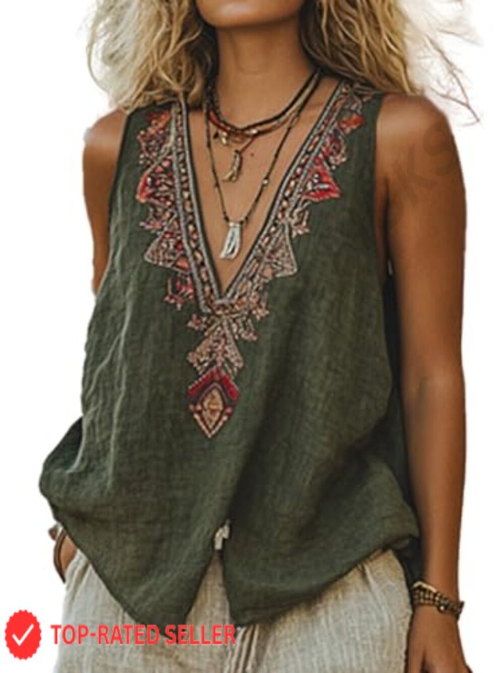Chvity Mexican Embroidered Tops Women Sleeveless Boho V Neck Peasant Blouse